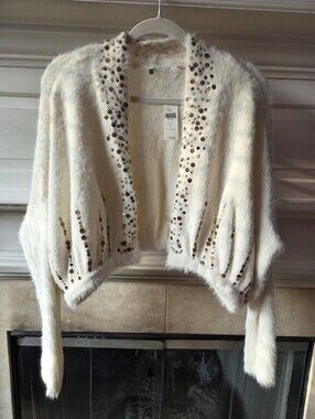 Anthropologie NWT Knitted & Knotted Soirée Sequin Cardigan Ivory Gold Size L